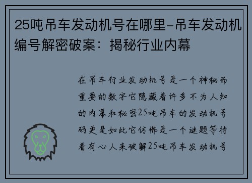 25吨吊车发动机号在哪里-吊车发动机编号解密破案：揭秘行业内幕