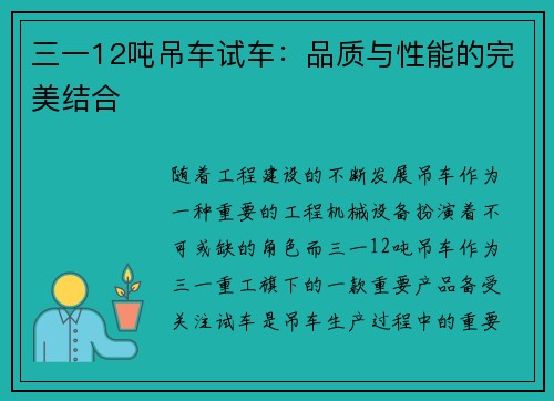 三一12吨吊车试车：品质与性能的完美结合